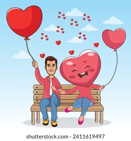 Cute couple holding a heart-shaped balloon and sitting on chair illustration. The concept of love and happiness