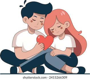 A cute couple holding a red heart in their hands. They are sitting next to each other, closing their eyes and blushing with happiness. This illustration is suitable for projects related to love