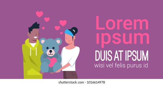 Cute Couple Holding Teddy Bear Toy Over Template Background Valentine Day Holiday Event Concept Flat Vector Illustration