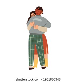 Cute couple hugging.  Hand drawn vector colorful funny cartoon style illustration. 