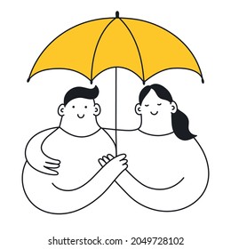 A cute couple is hugging under the umbrella. Romantic relationship, protection from problems, support, care and love. Thin line vector illustration on white background.