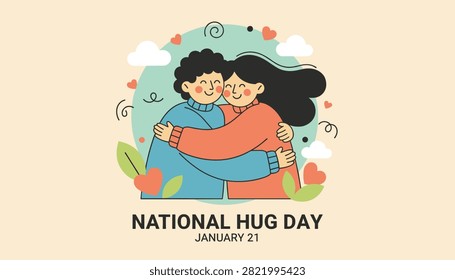 Cute couple hugging warmly on a pastel yellow background celebrating national hug day on twenty first of january.