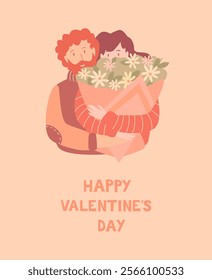 A cute couple hugging, a woman with a bouquet and a red-haired man behind. Happy Valentine's Day greetings. Greeting card, valentine card, poster