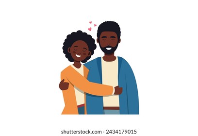 Linda pareja se abraza felizmente. Feliz Día de San Valentín. Pareja. Un hombre y una mujer se abrazan cariñosamente. Parejas abrazándose cálidamente aisladas sobre fondo blanco. Ilustración de vector