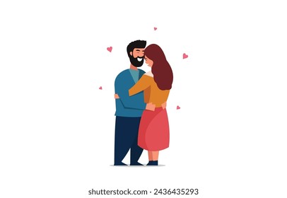 Linda pareja se abraza felizmente. Feliz Día de San Valentín. Pareja. Un hombre y una mujer se abrazan cariñosamente. Parejas abrazándose cálidamente aisladas sobre fondo blanco. Ilustración de vector