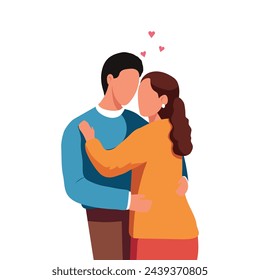 Linda pareja se abraza felizmente. Feliz Día de San Valentín. Pareja. Un hombre y una mujer se abrazan cariñosamente. Parejas abrazándose cálidamente aisladas sobre fondo blanco. Ilustración de vector