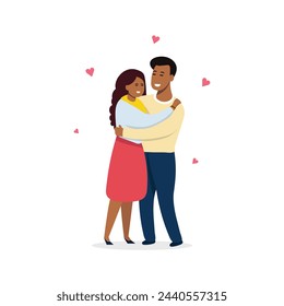 Linda pareja se abraza felizmente. Feliz Día de San Valentín. Pareja. Un hombre y una mujer se abrazan cariñosamente. Parejas abrazándose cálidamente aisladas sobre fondo blanco. Ilustración de vector