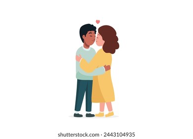 Linda pareja se abraza felizmente. Feliz Día de San Valentín. Pareja. Un hombre y una mujer se abrazan cariñosamente. Parejas abrazándose cálidamente aisladas sobre fondo blanco. Ilustración de vector