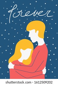 Cute couple hugs on stars dots background with forever lettering, template postcard valentines day