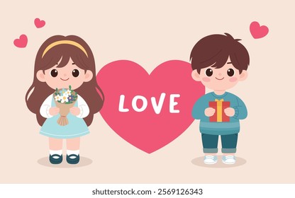 Cute couple illustration with presents and bouquets