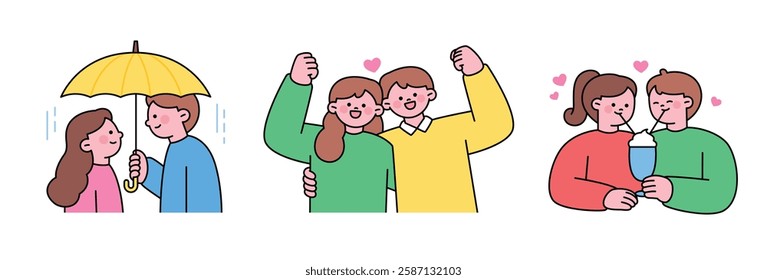 Cute couple illustration set showing love and friendship. Includes a couple sharing an umbrella, celebrating together, and drinking a milkshake. Simple and minimal flat style