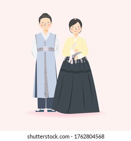 Cute Couple Illustration in Traditional Hanbok South Korea Wedding clothes, Simple Minimalist Elegant Royal Cute couple illustration