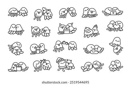 Cute couple jellyfish. Coloring Page. Funny cartoon characters of the underwater world.