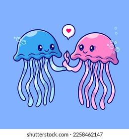 Cute Couple Jellyfish Holding Hand Cartoon Vector Icon Illustration. Animal Love Icon Concept Isolated Premium Vector. Flat Cartoon Style