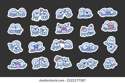 Cute couple jellyfish. Sticker Bookmark. Funny cartoon characters of the underwater world. Hand drawn style. Vector drawing. Collection of design elements.