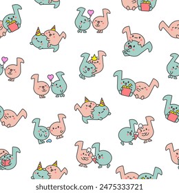 Cute couple kawaii music notes. Seamless pattern. Cartoon character. Hand drawn style. Vector drawing. Design ornaments.