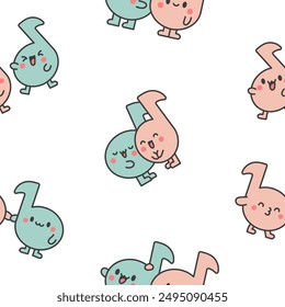 Cute couple kawaii music notes. Seamless pattern. Cartoon character. Hand drawn style. Vector drawing. Design ornaments.