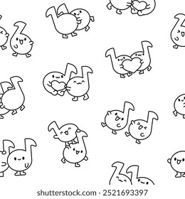 Cute couple kawaii music notes. Seamless pattern. Coloring Page. Cartoon character. Hand drawn style. Vector drawing. Design ornaments.