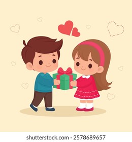 Cute Couple Kids Exchanging a Gift with Hearts Around Illustration