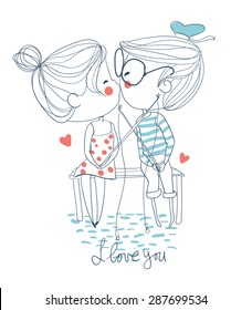 Cute couple kissing sitting on pier