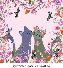 Cute a couple kitty cat and humming bird in flora frame