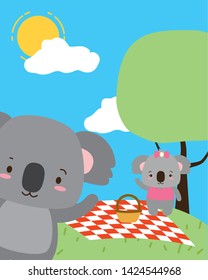 cute couple koala picnic park landscape vector illustration