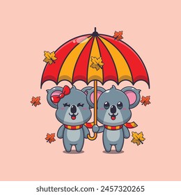 Cute couple koala with umbrella at autumn season. Mascot cartoon vector illustration suitable for poster, brochure, web, mascot, sticker, logo and icon.