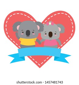 cute couple koalas animals heart love ribbon vector illustration