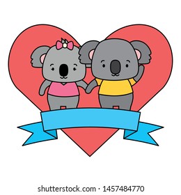cute couple koalas animals heart love ribbon vector illustration