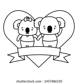 cute couple koalas animals heart love ribbon vector illustration
