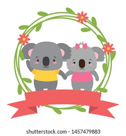 cute couple koalas animals wreath flowers vector illustration
