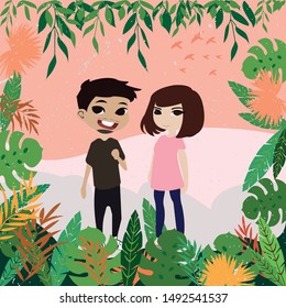 cute couple in leave frame postcard