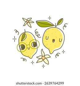 Cute Couple Lemon Characters Vector Illustration. Cartoon Lemon Fruit with funny face. Happy mascot and flowers, friends