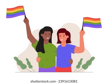 Cute couple with LGBT flags. Two bisexual partner embrace. LGBT girls. Homosexual women. LGBT element and gay parade, protest. Vector illustration