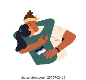 Cute couple with LGBT straight pride flag loves, hugs and kiss. Happy lovers, beloved in interracial romantic relationships cuddle together. Flat isolated vector illustration on white background