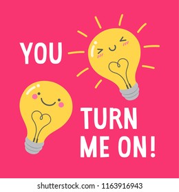 Cute couple light bulb cartoon with text “You turn me on” for valentine’s day card design.