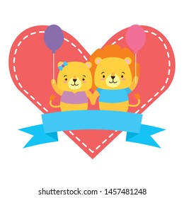 cute couple lion animals heart love ribbon vector illustration