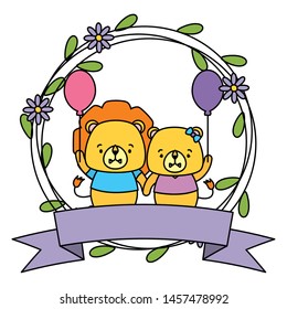 cute couple lion animals wreath flowers vector illustration