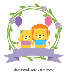 cute couple lion animals wreath flowers vector illustration