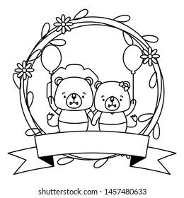 cute couple lion animals wreath flowers vector illustration