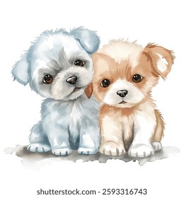 Cute couple little dog watercolor vector illustration white background