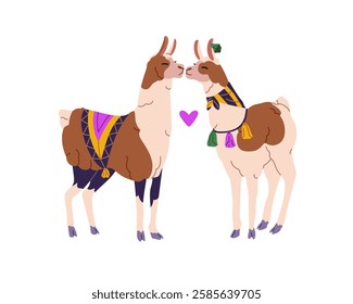 Cute couple of llama kisses. Happy lamas, alpacas in romantic relationships love each other. Fluffy characters wear traditional Mexican clothes together. Flat isolated vector illustration on white