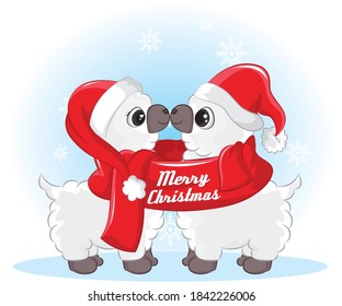 cute couple llama with scarf and santa hat. merry christmas card.