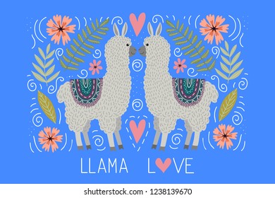 Cute couple llamas with flowers and lettering, template for card and your design. Hand drawing flat doodles vector Illustration