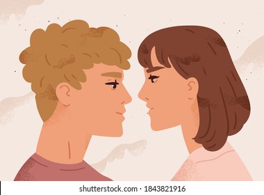 Cute couple looking at each other. Boyfriend and girlfriend in love. Passion, tenderness and romance between young man and woman. Vector illustration in flat cartoon style