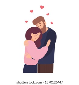 Cute couple in love. Adorable young man and woman hugging or cuddling. Romantic date with person found through dating website or mobile app. Romance and affection. Flat cartoon vector illustration.