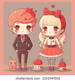 cute couple in love background, anime style, valentine design