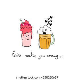 Cute couple in love. Beer mug and cocktail.