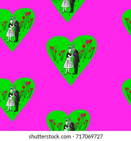 cute couple in love, bunnies in human bodies against the background of balloons and a  heart, as a symbol of passion.hipsters. caricature. Freehand drawing vector. modern seamless pattern.