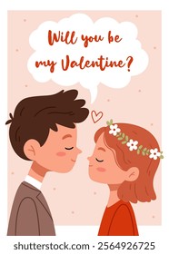 Cute couple in love. Card in vintage colors in Scandinavian style. Will you be my Valentine.Love tenderness and romantic feelings concept.